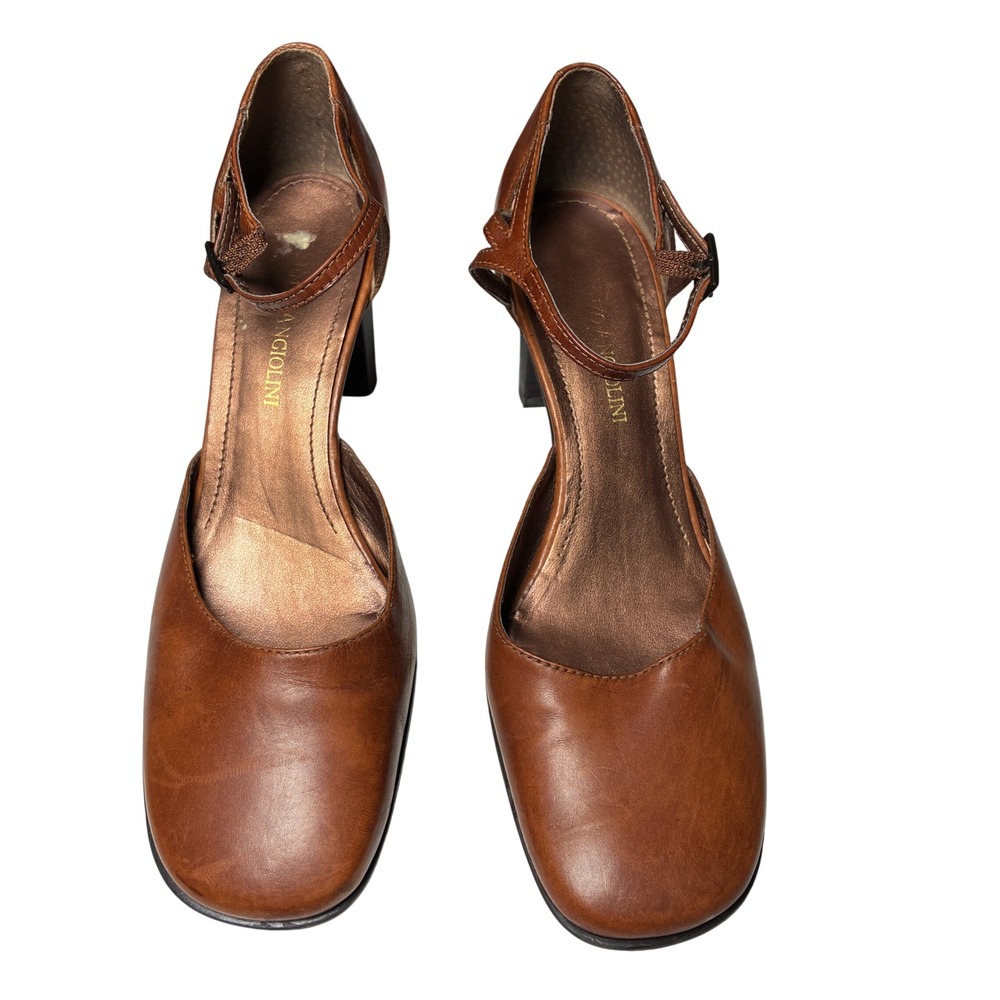 Enzo Angiolini Brown Leather Mary Jane Pumps Strappy Block Heel 6.5